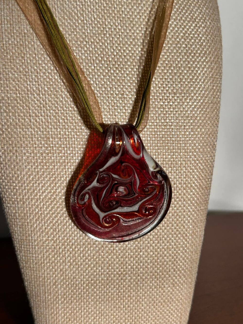 Artisan Lampwork Glass Pendant Necklace Orange Silver White Ribbon Cord